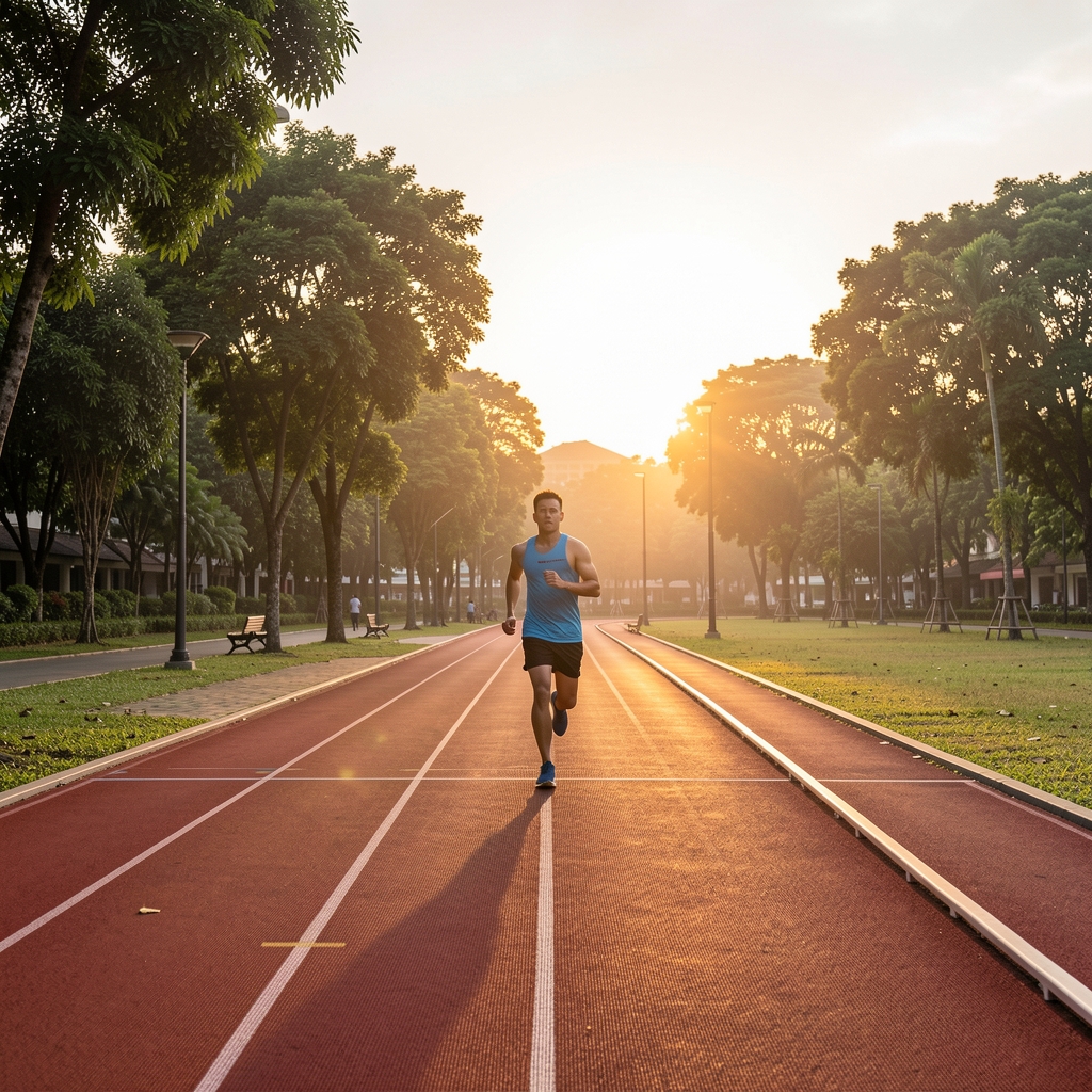 Outdoor running track in a Jakarta park at sunrise with a single figure completing an early morning endurance session
