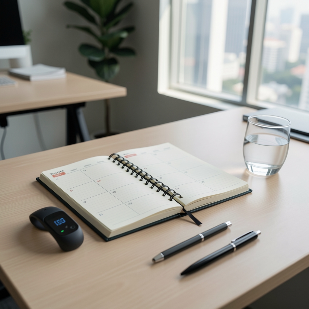 A structured weekly planner notebook open beside a fitness tracker, a glass of water, and a pen on a clean desk in a Jakarta professional space