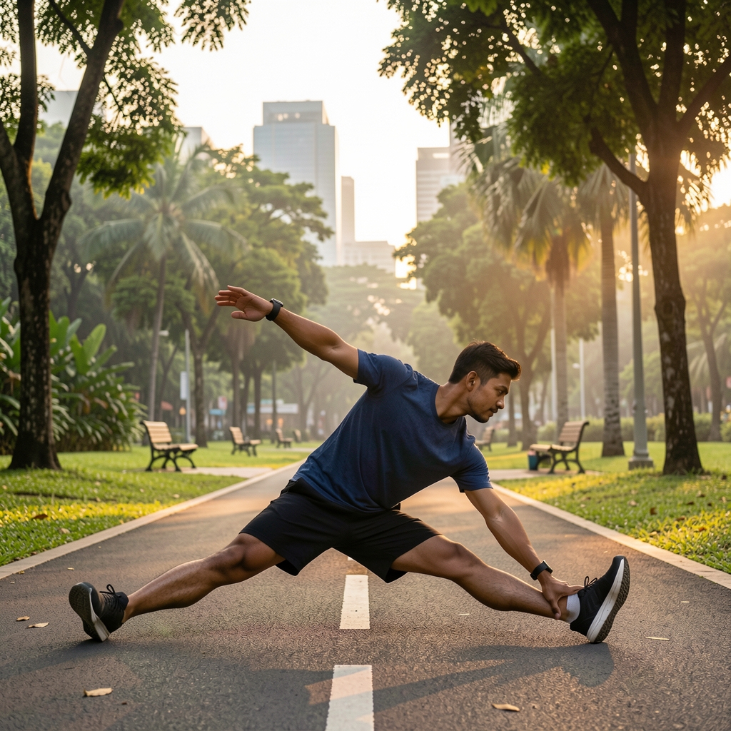 Man stretching on a Jakarta park path at dawn as part of a structured outdoor fitness practice with city greenery visible in the background