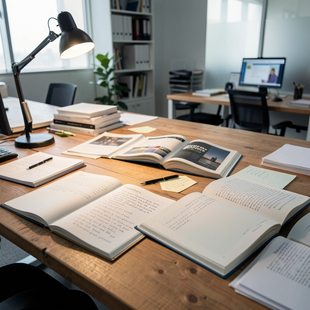 Editorial workspace with open research journals and handwritten notes spread across a timber desk under studio lighting in a Jakarta office